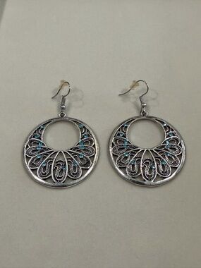 Paparazzi Silver Filigree Hoop Earrings with Turquoise Accents